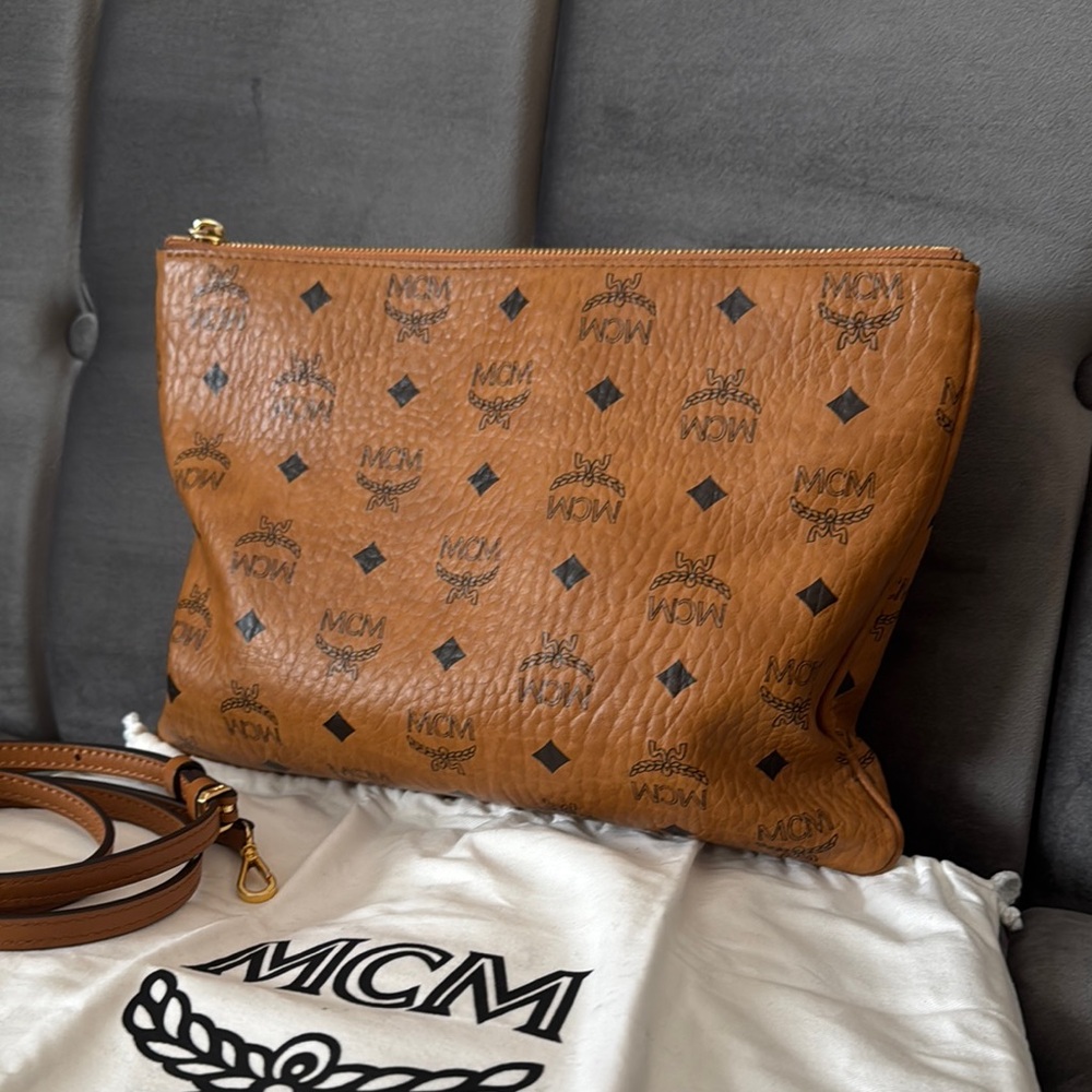 MCM Cognac Brown Leather Bag with Logo